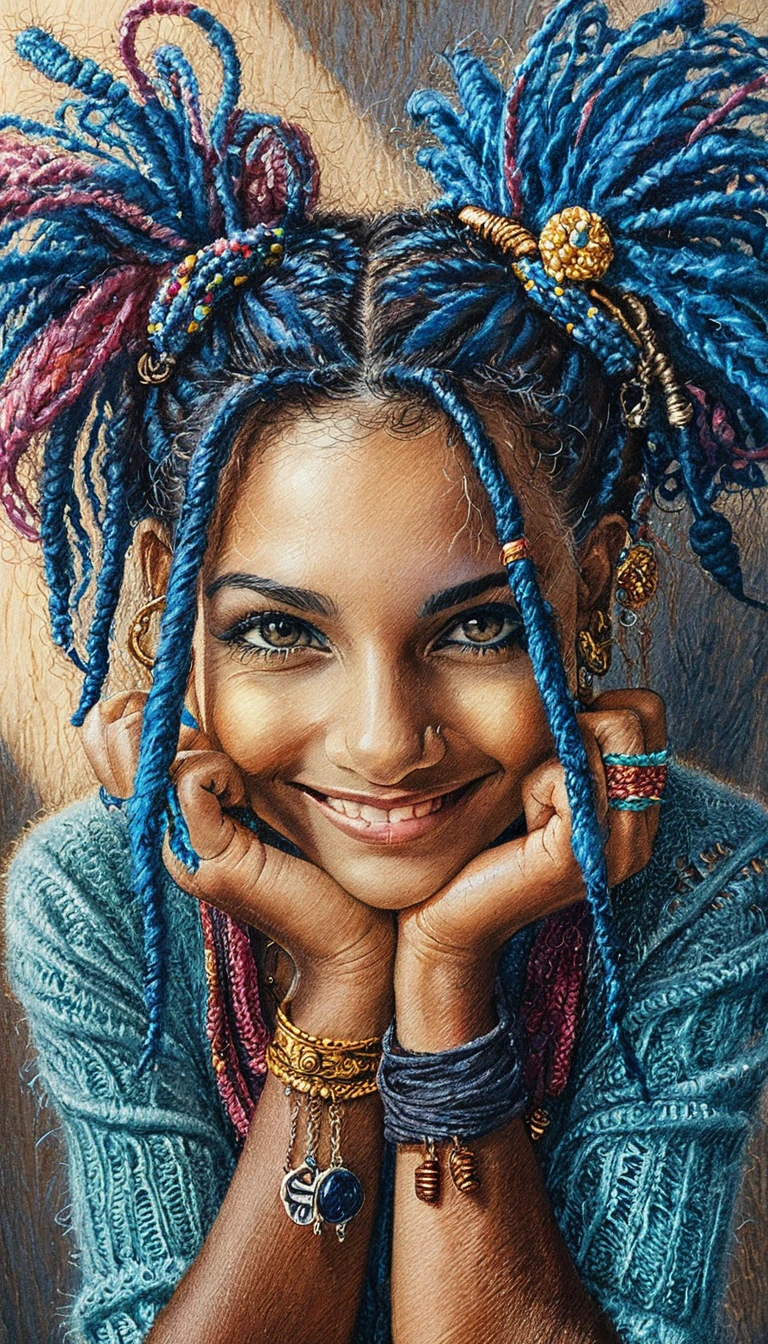 Ragazza giocosa con dreadlock blu in illustrazione urbana colorata