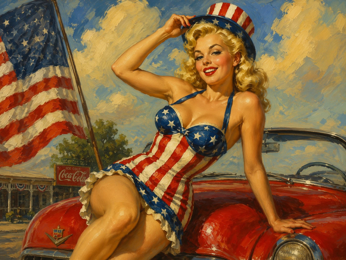 Pin-up blonde en tenue d’été patriotique vintage