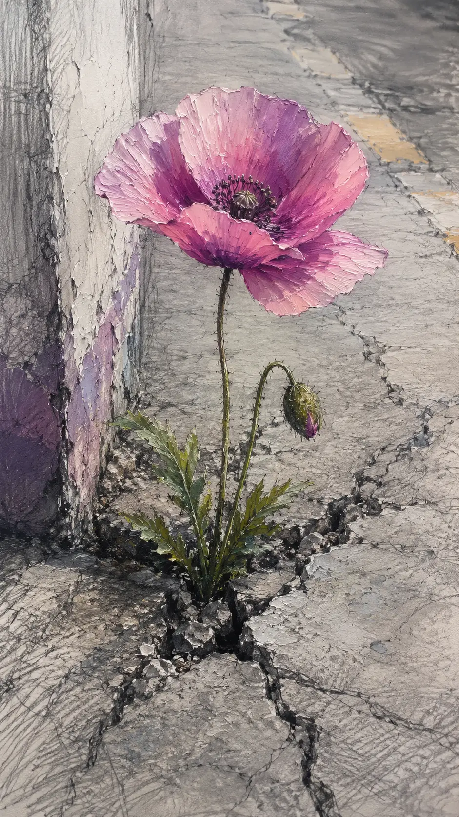 Rosa Mohnblume, die durch Risse im grauen Beton blüht