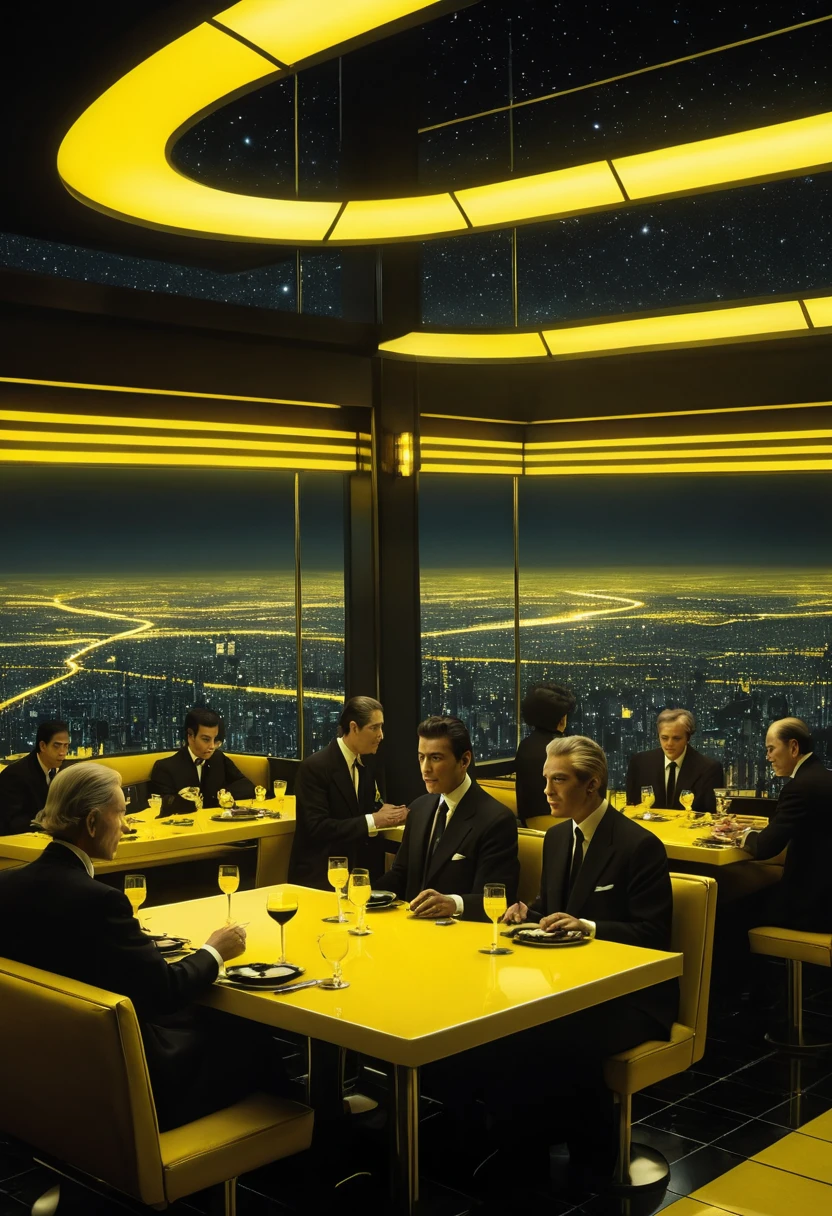 Futuristische Dinergäste mit Blick auf leuchtende Sci‑Fi‑Stadtlandschaft