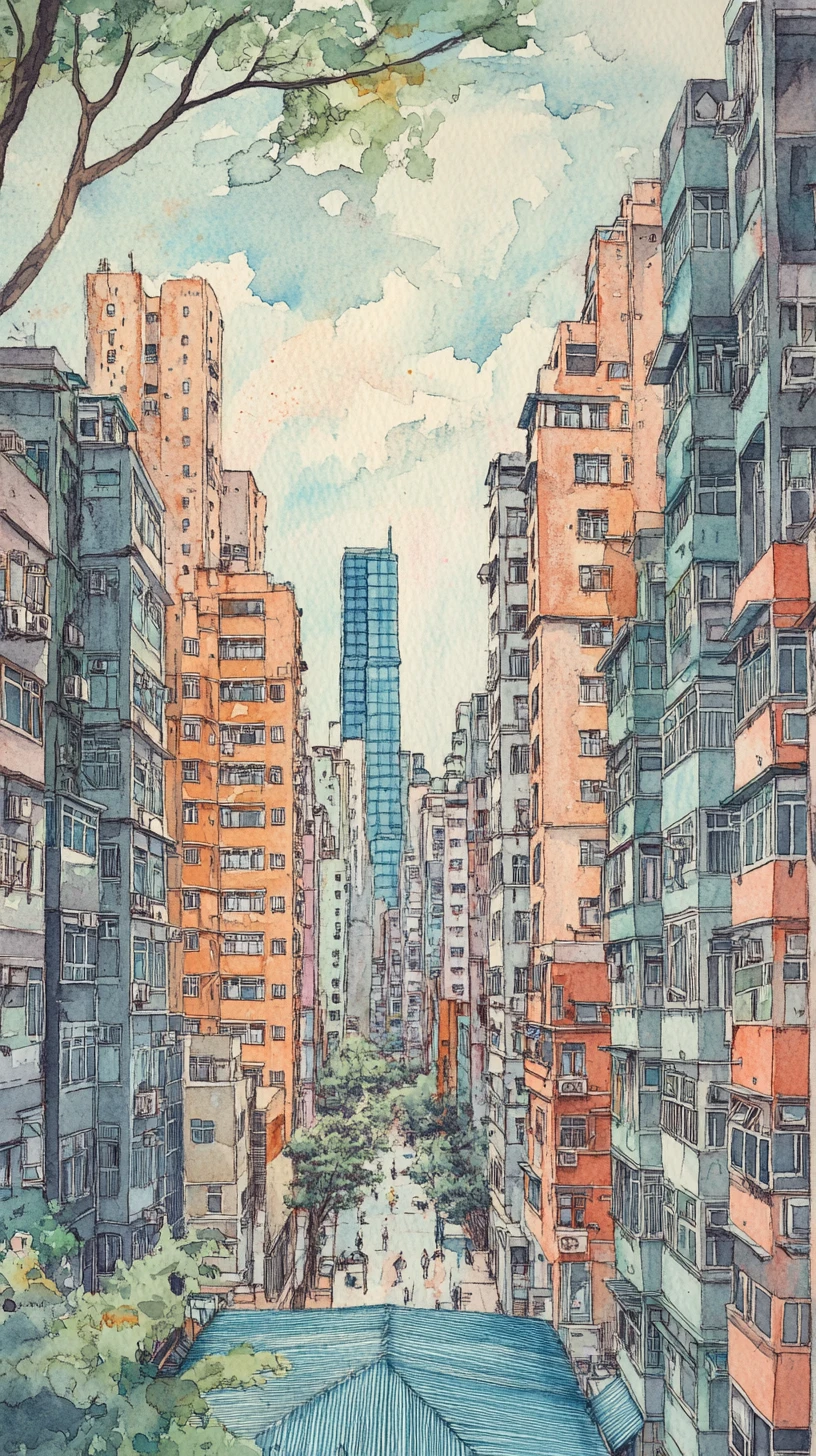 Cañón Urbano de Ensueño en Acuarela con Altos Apartamentos en Tonos Pastel