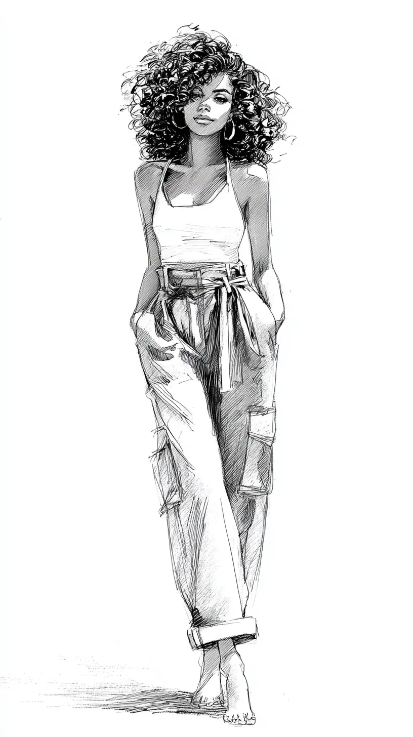 Fashion sketch of a woman in loose denim overalls