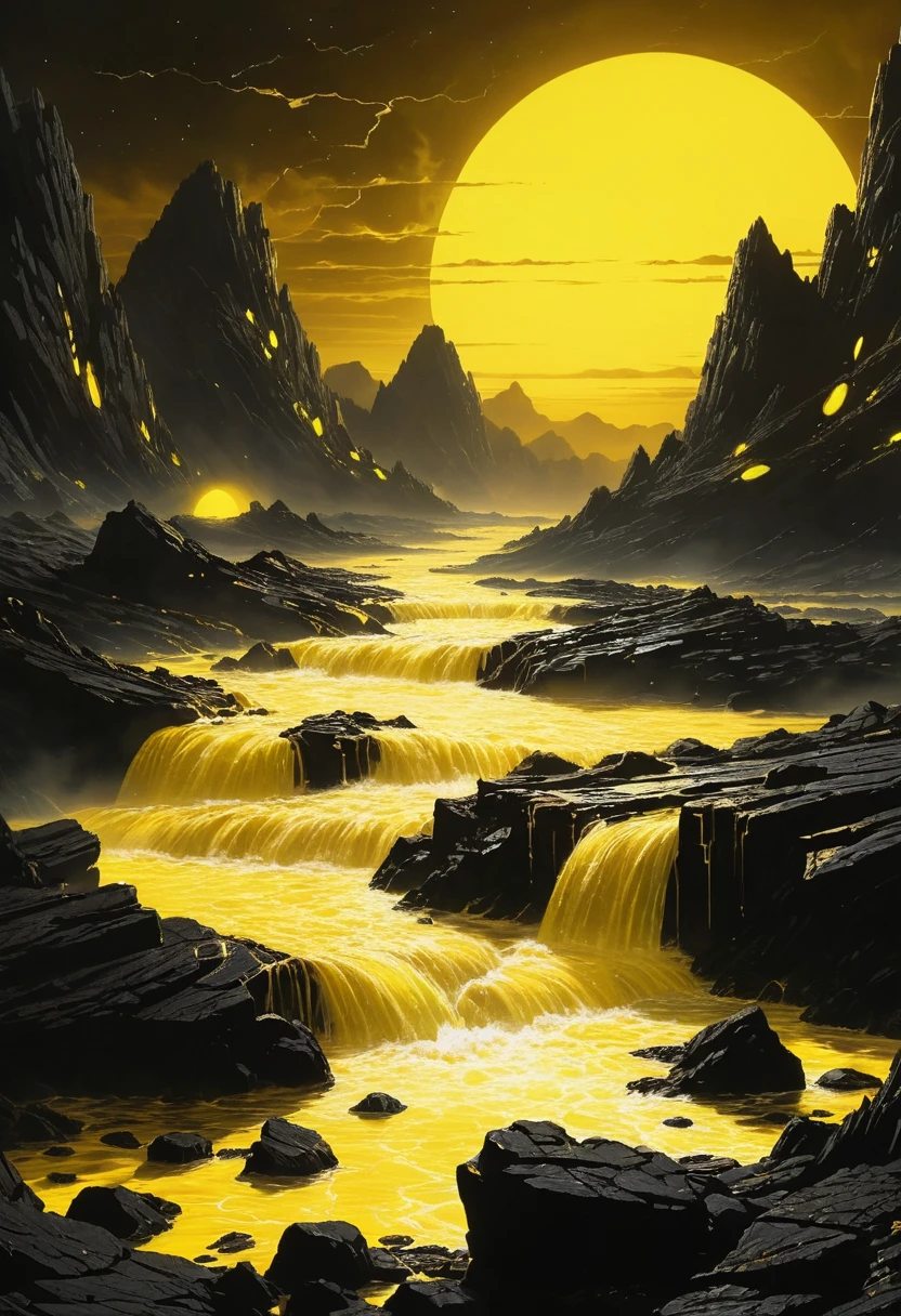 Futuristische Felslandschaft mit neonbeleuchteten kosmischen Wassern