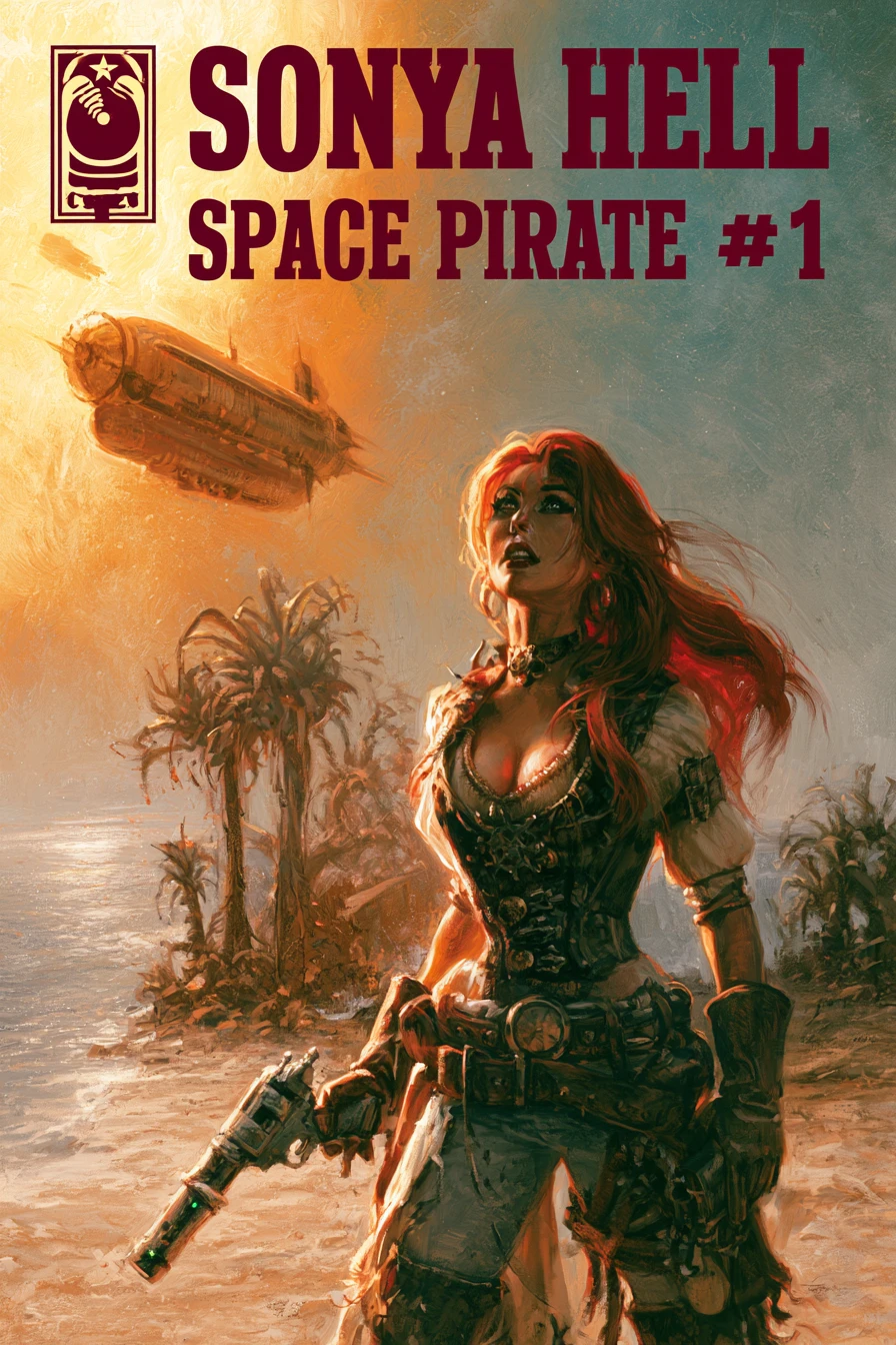 Pirata espacial pelirroja en una playa alienígena