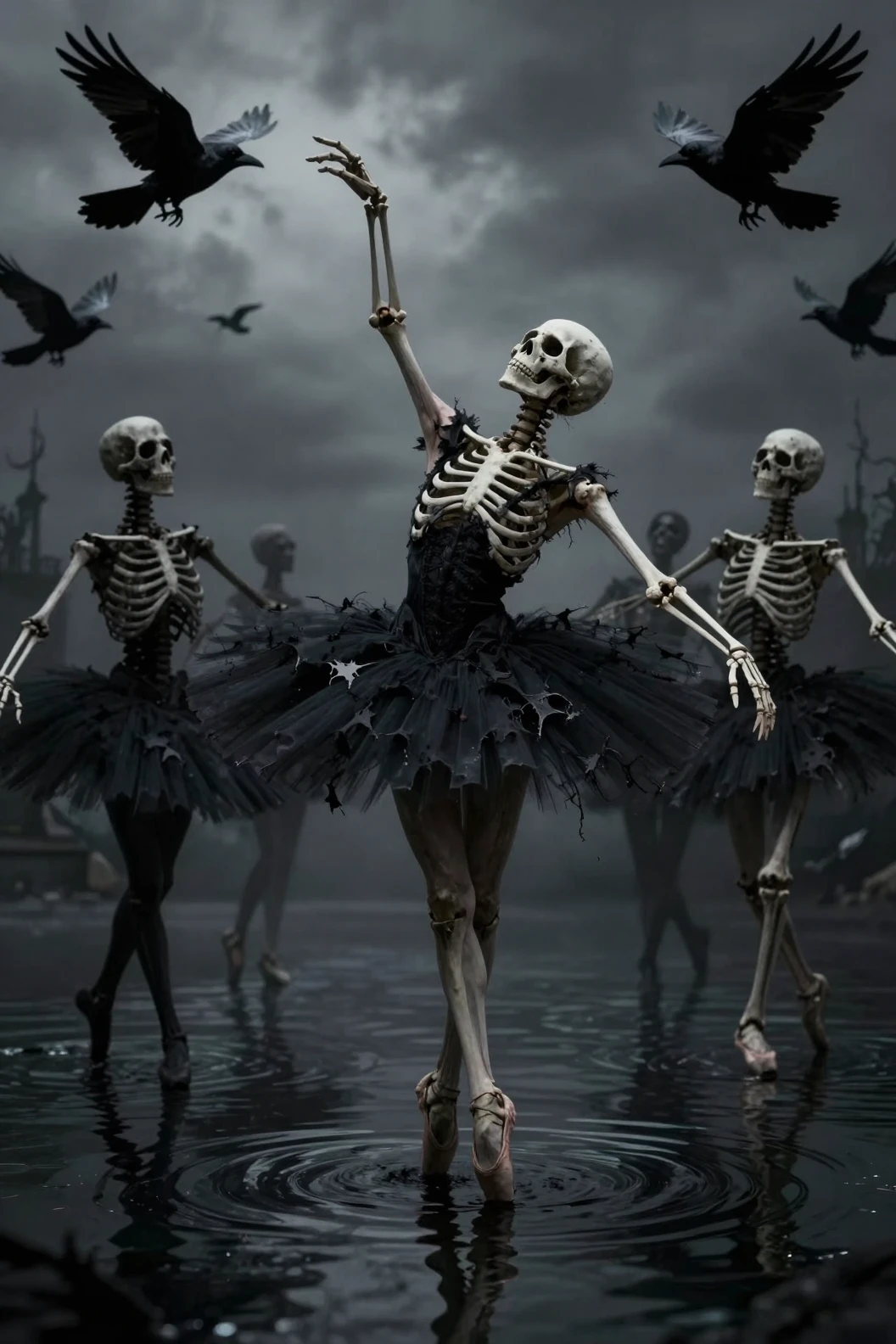 Danseuse de ballet squelettique macabre dans un paysage gothique sombre