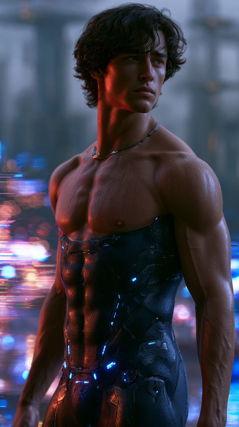 Junger Sci-Fi-Krieger in Rüstung in einer Cyberpunk-Stadt