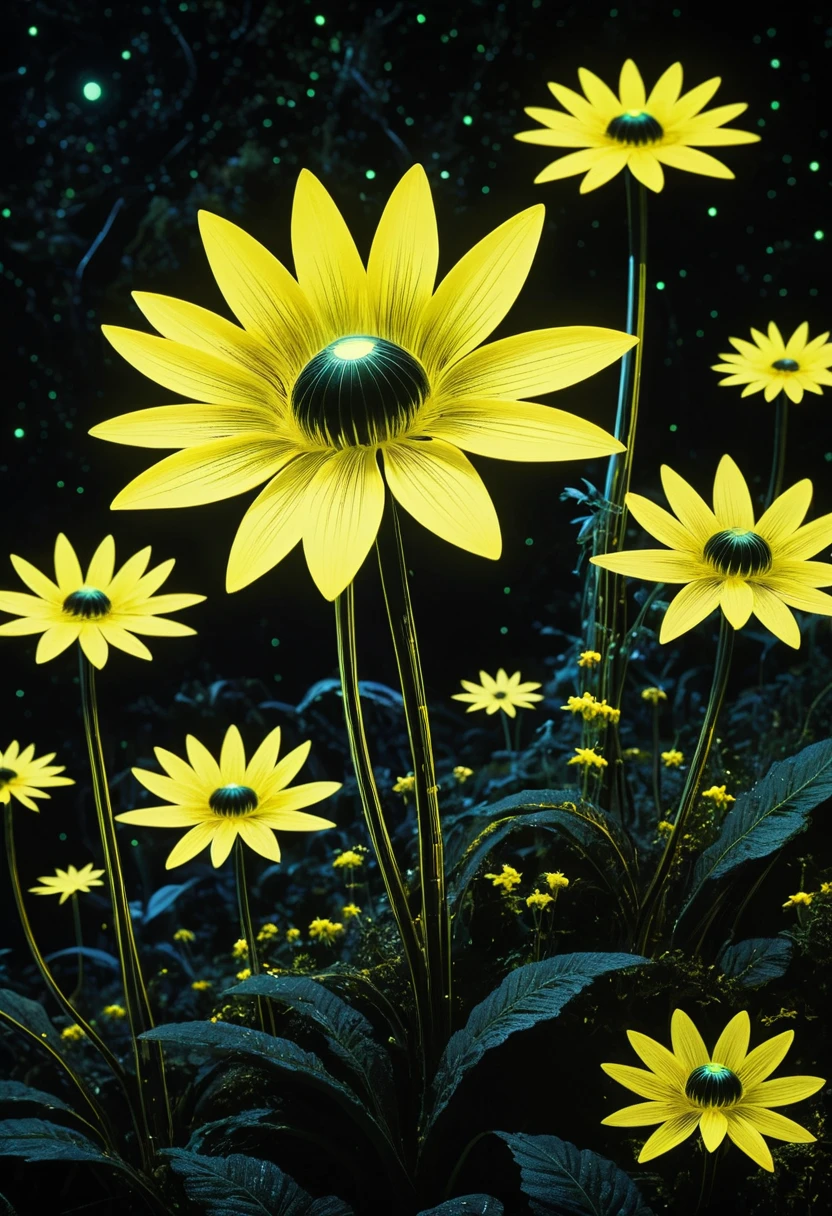 Flores estelares amarillas futuristas entre densa vegetación sci‑fi