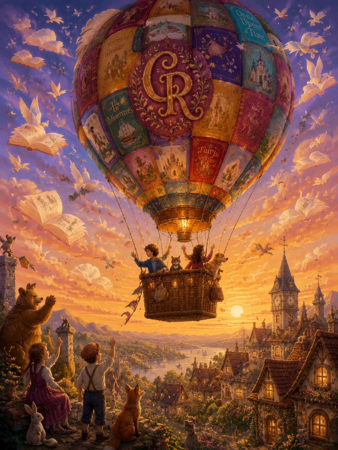 Patchwork storybook hot air balloon over fantasy village