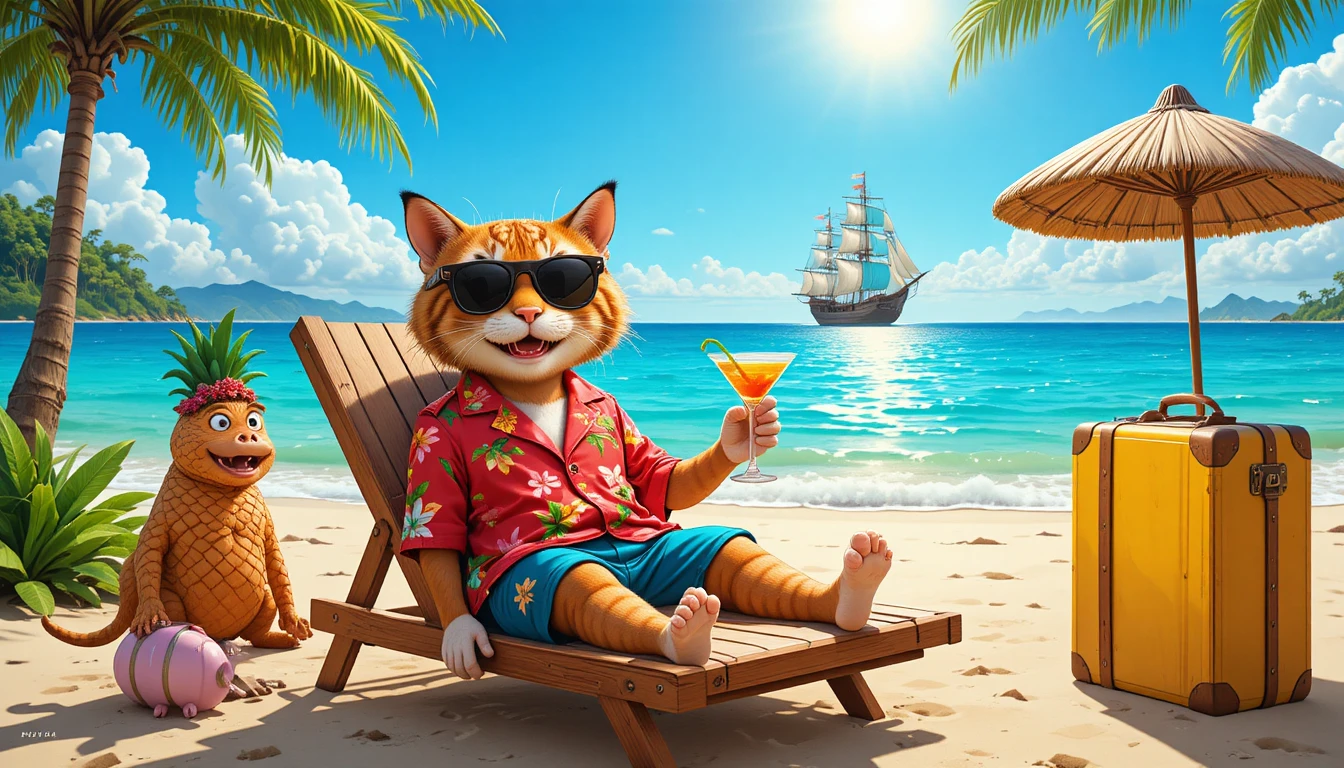 Chat tropical cool se relaxant sur une plage ensoleillée de fantasy