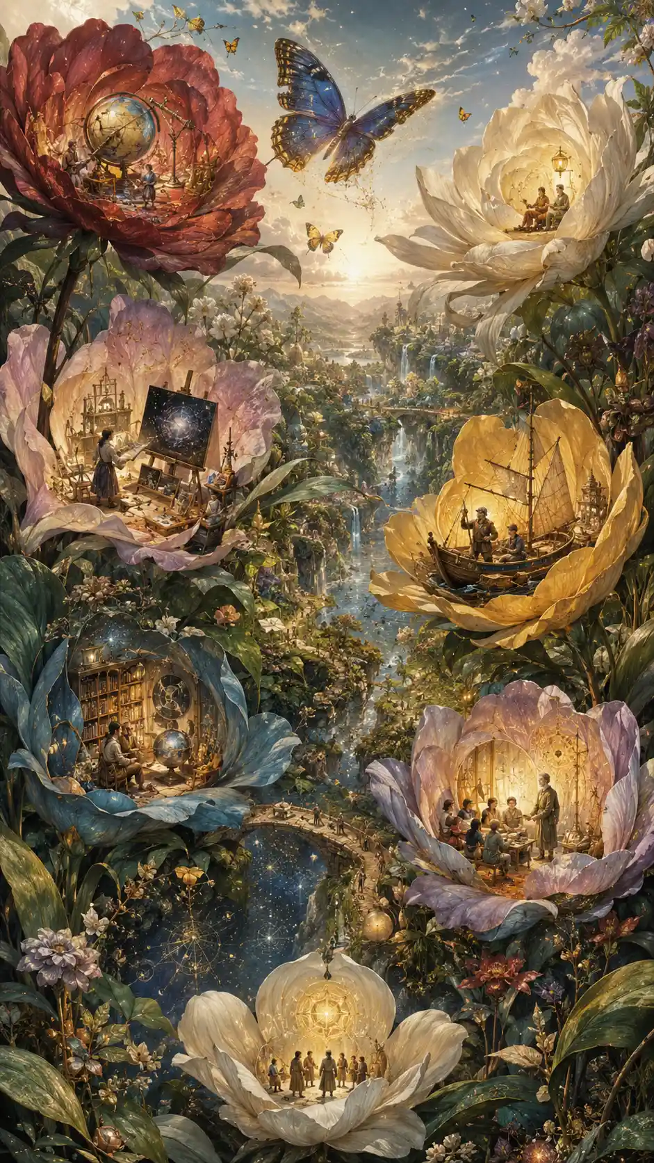 Botanical sanctuary of symbolic flowers in a surreal fantasy garden
