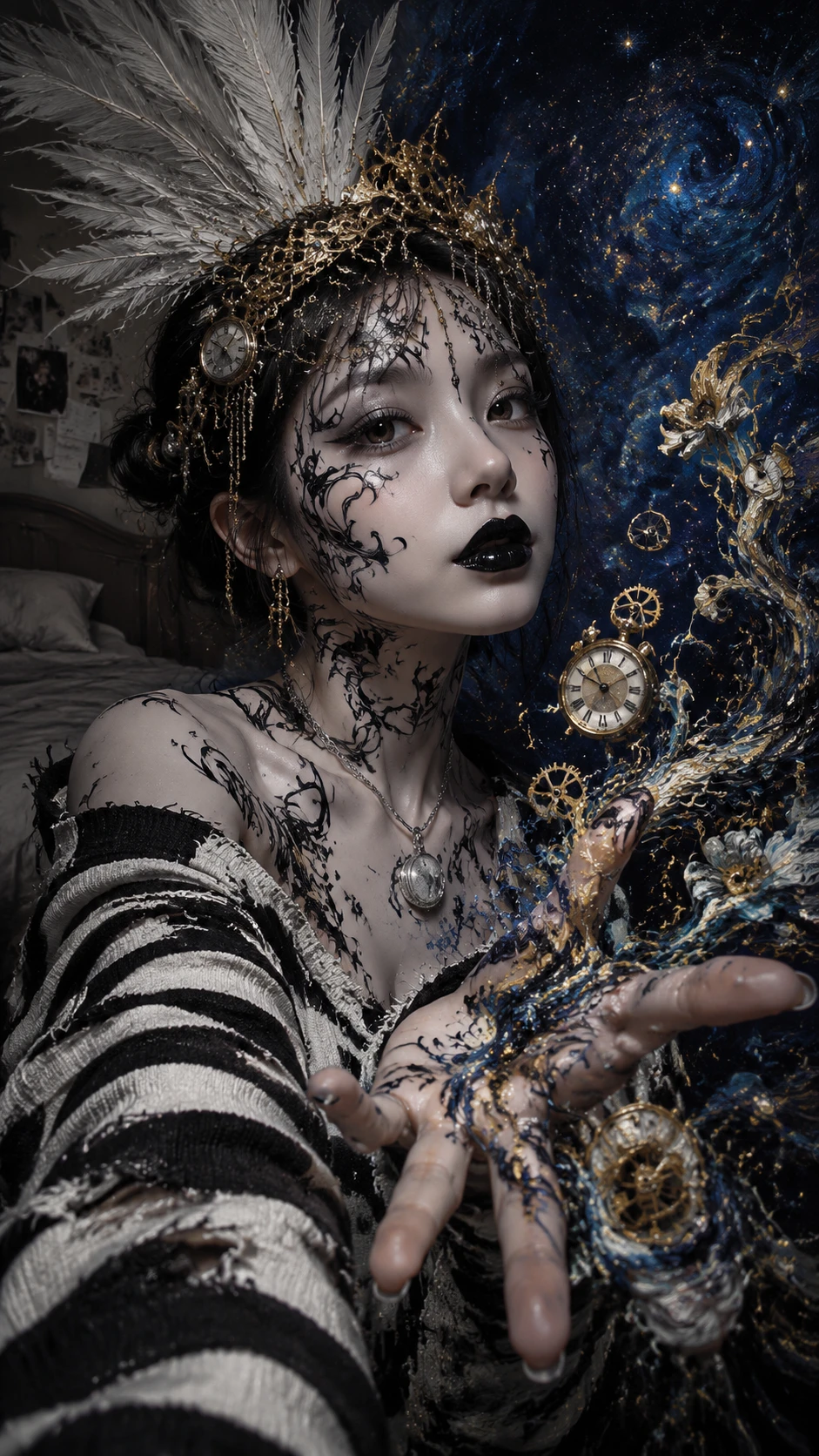 Selfie di ragazza coreana con body painting tribale e sfondo cosmico