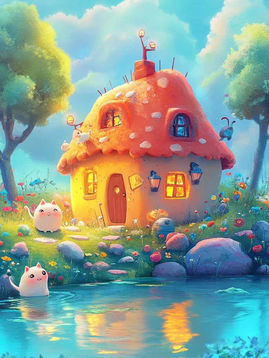 Verspielte Kinderbuch-Illustration im hellen Pastell-Anime-Stil