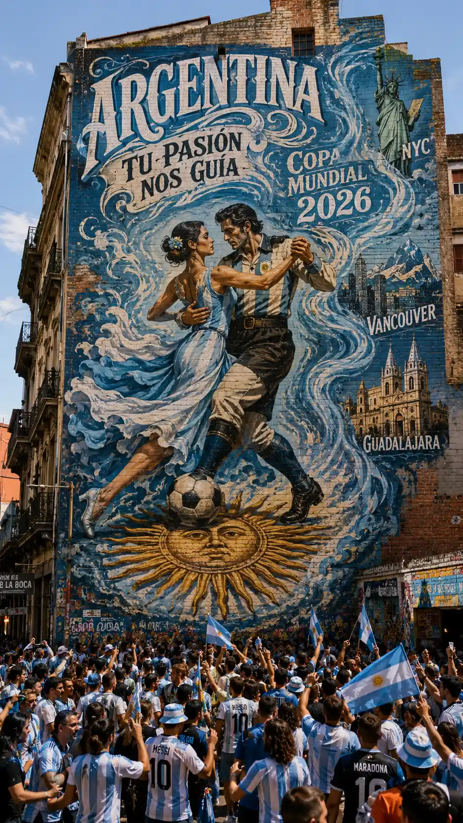 Massive Buenos Aires football mural with celebrating fans