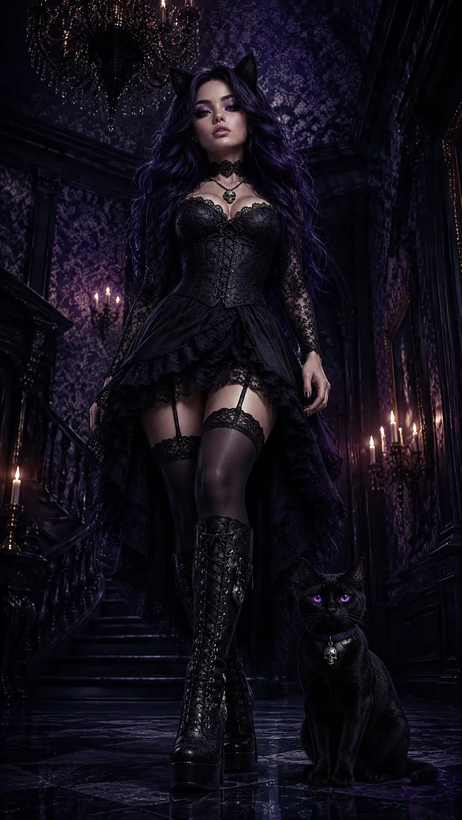 Woman and cat in a low angle gothic mansion scene