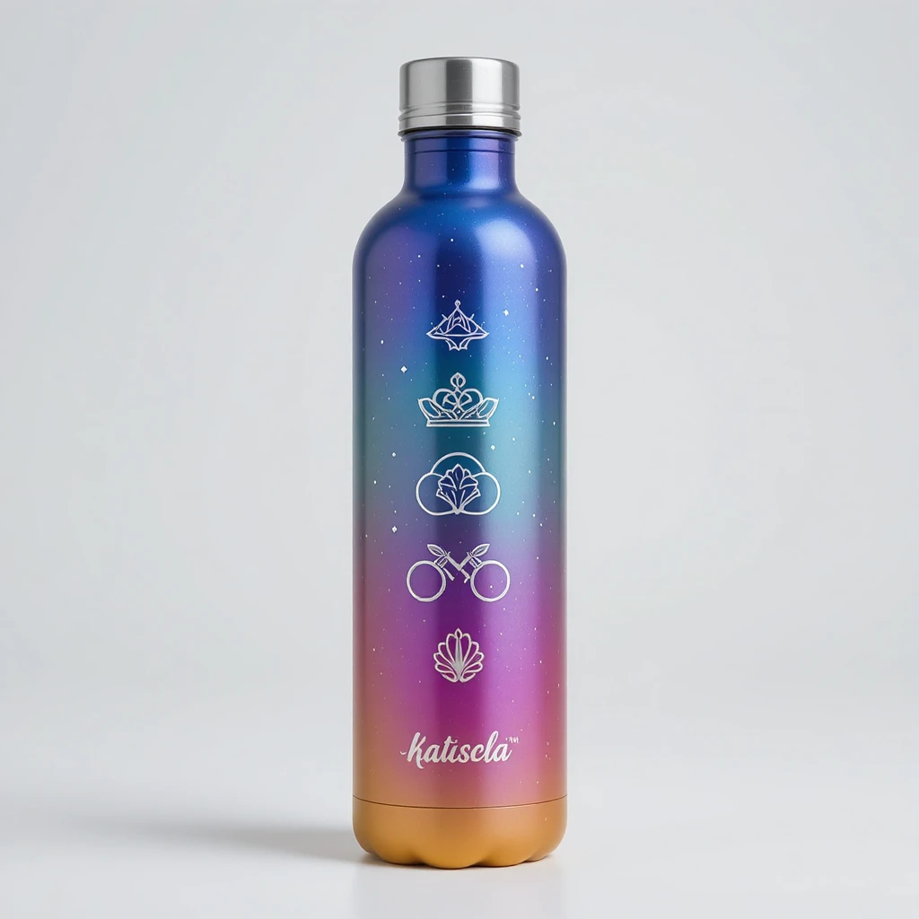 Botella de agua Owala personalizada con diseño minimalista de íconos metálicos