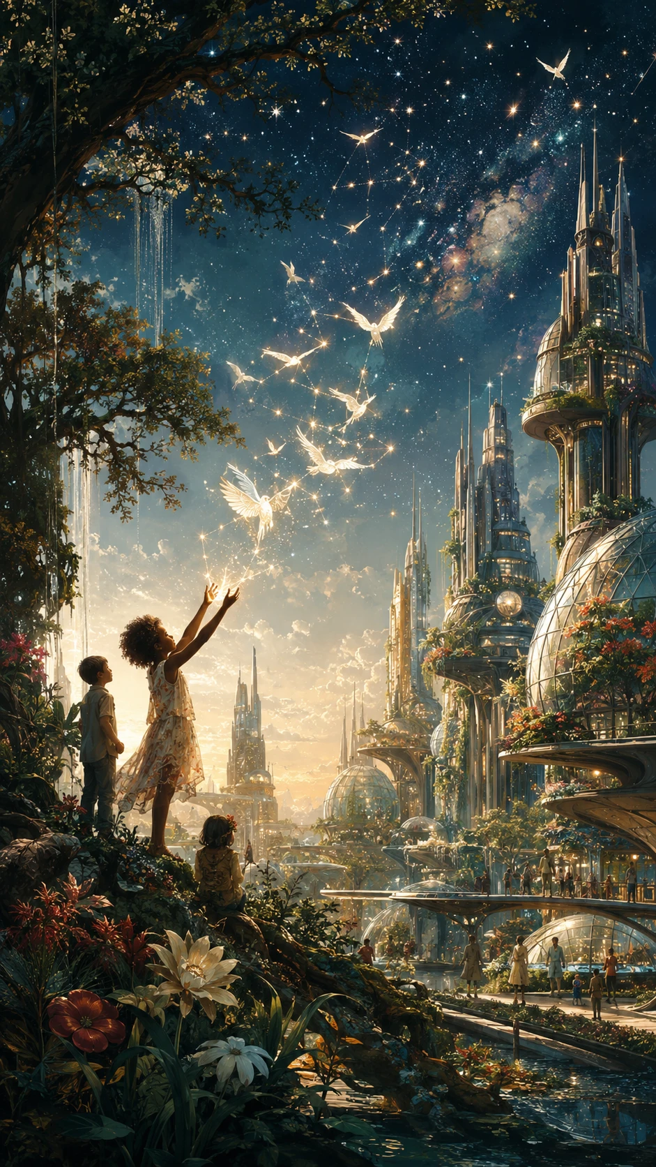 Cidade americana futurista de arquitetura viva sob um céu estrelado
