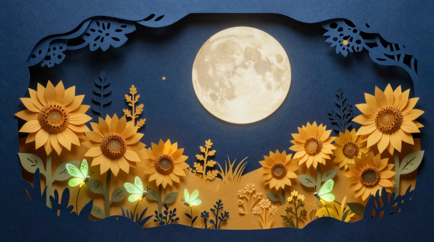 Jardim de papel mágico com girassóis ao luar e vaga-lumes