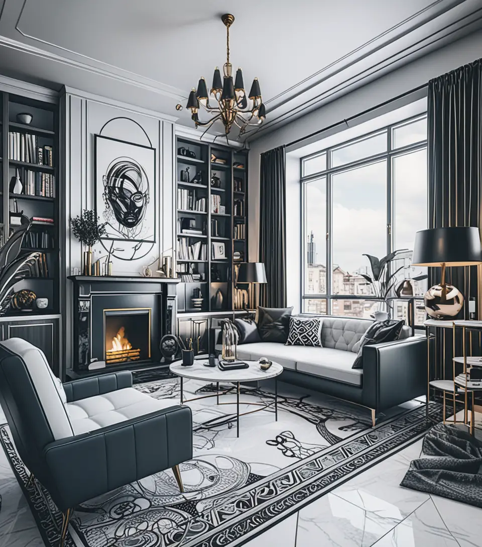 Sala 3D sombria e eclética com décor bruxo maximalista