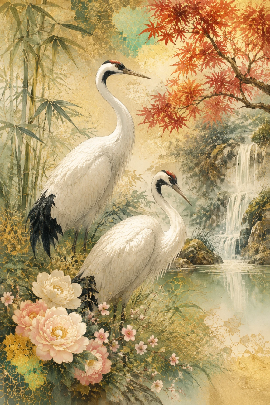 Garças japonesas em lago de jardim tranquilo – ilustração em moodboard