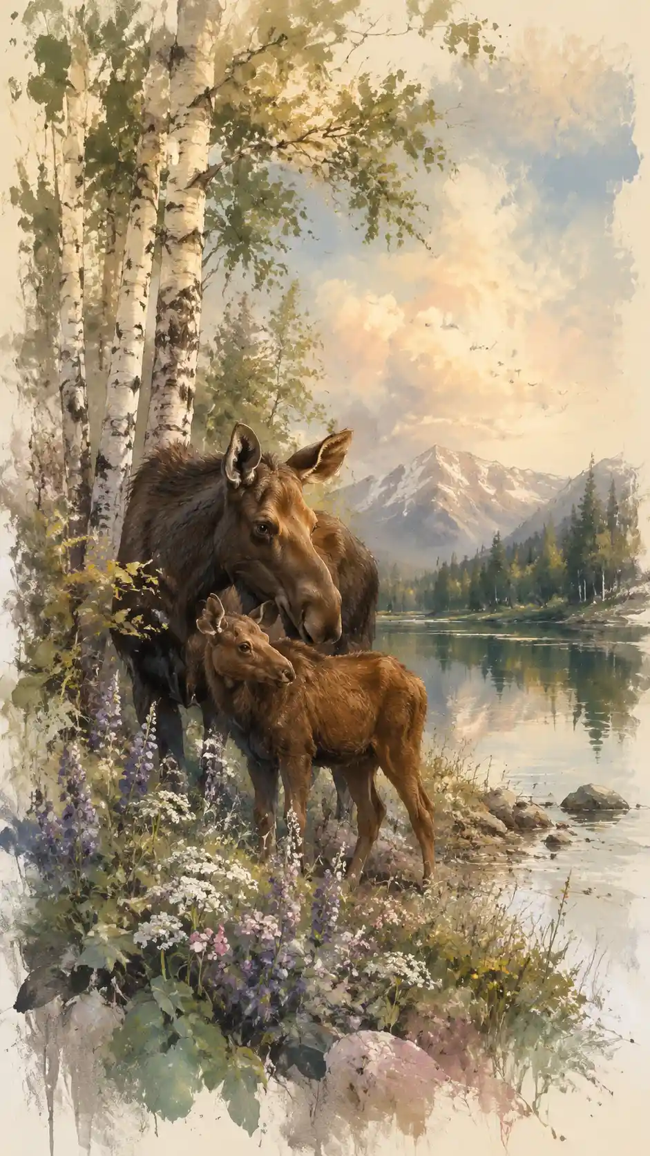 Elk mother and calf by a tranquil forest lake