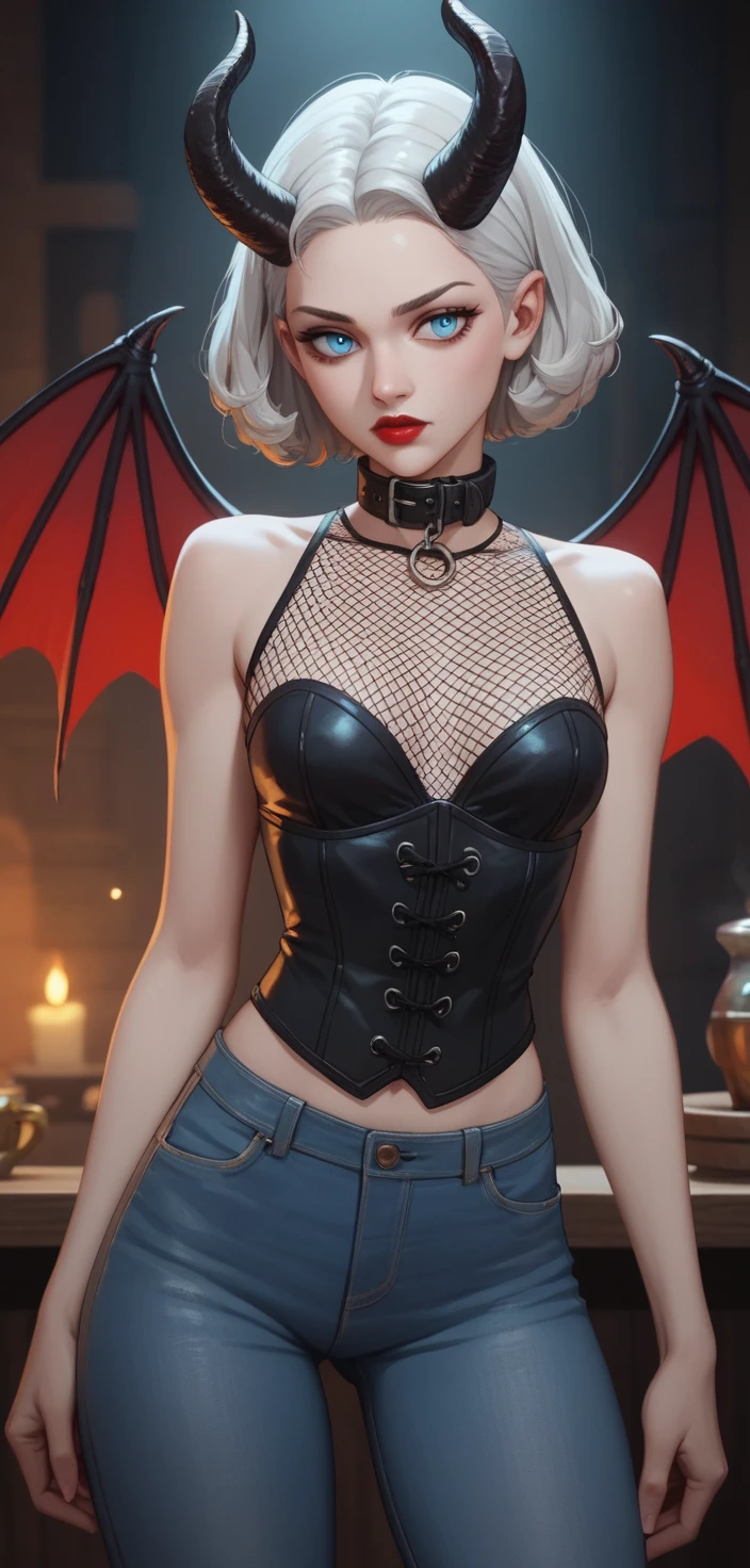 Femme cornue aux ailes de chauve-souris dans une taverne enfumée