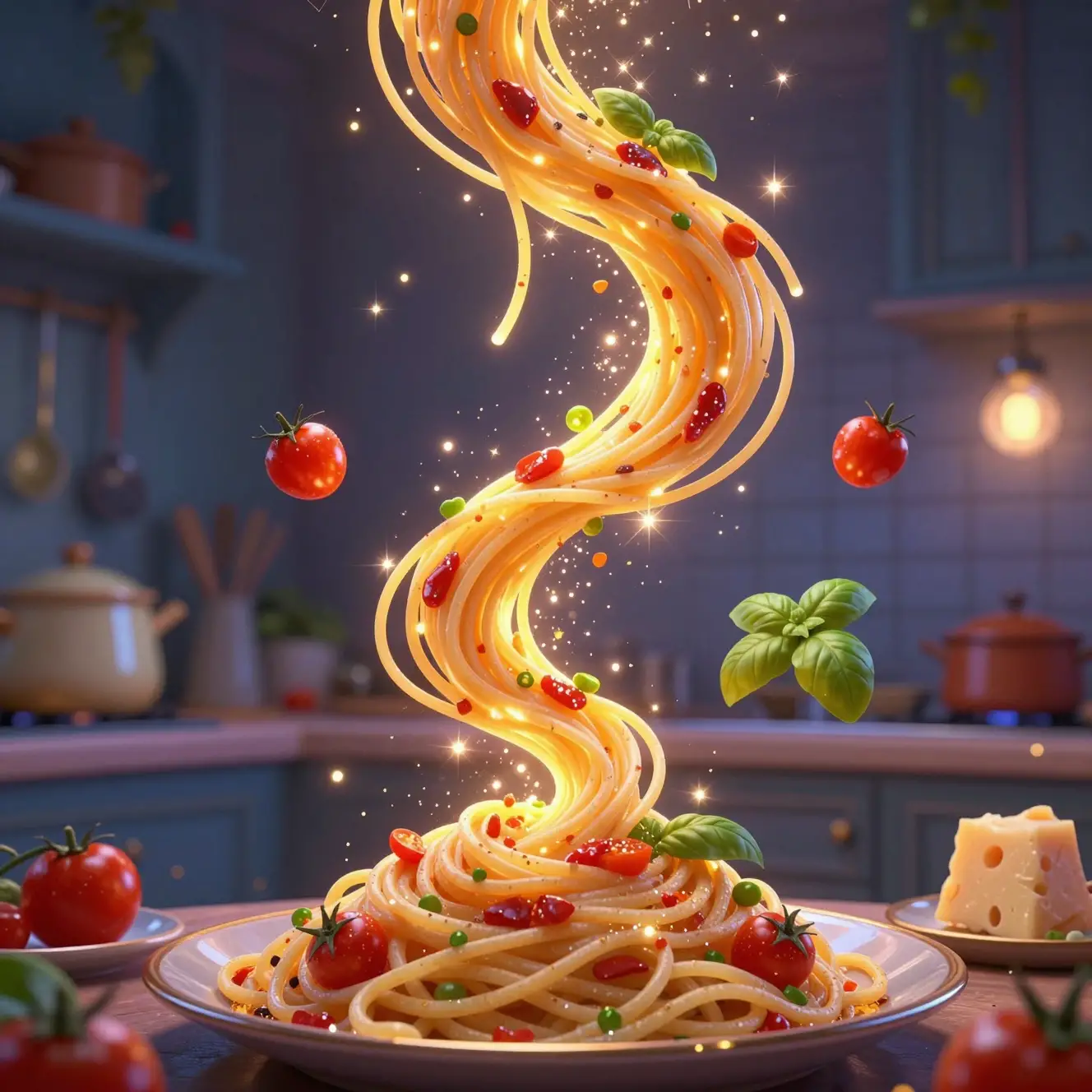 Magical spaghetti swirling in a glowing fantasy kitchen