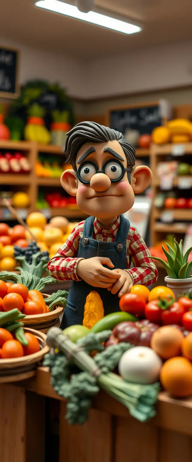 Knetanimation-Gemüse- und Obstverkäufer im Lebensmittelladen