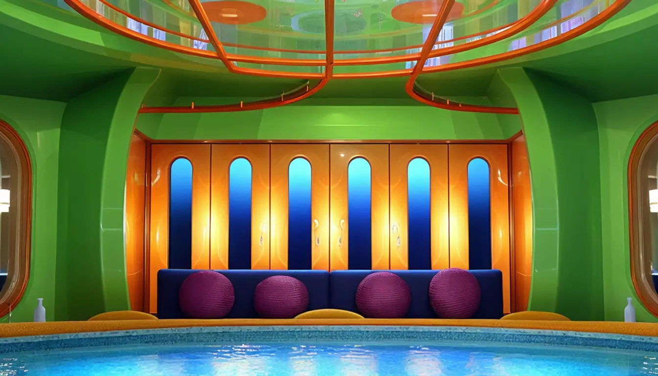 Salle de contrôle futuriste vert citron avec canapé modulable bleu
