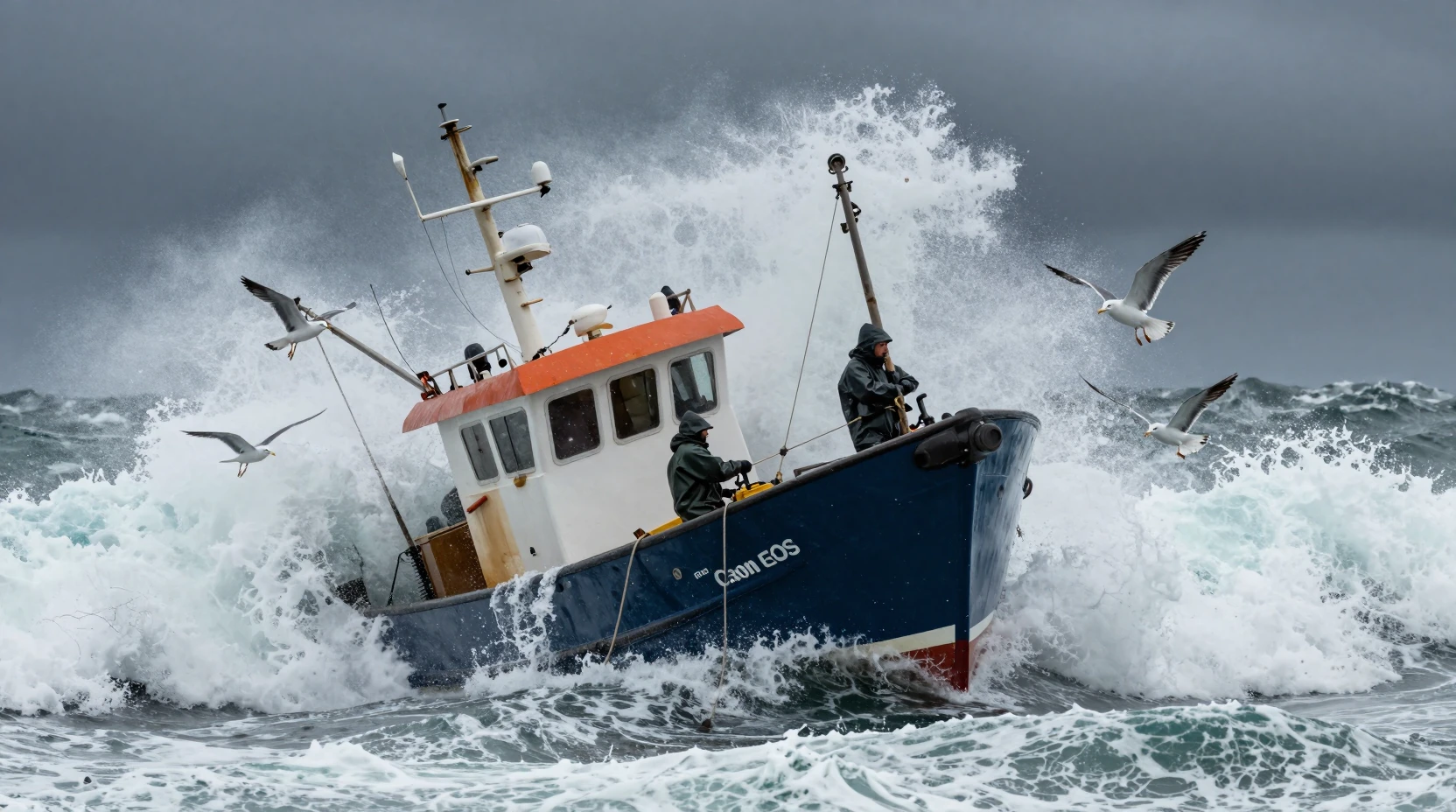 Barco de pesca enfrentando ondas de tempestade com dois pescadores
