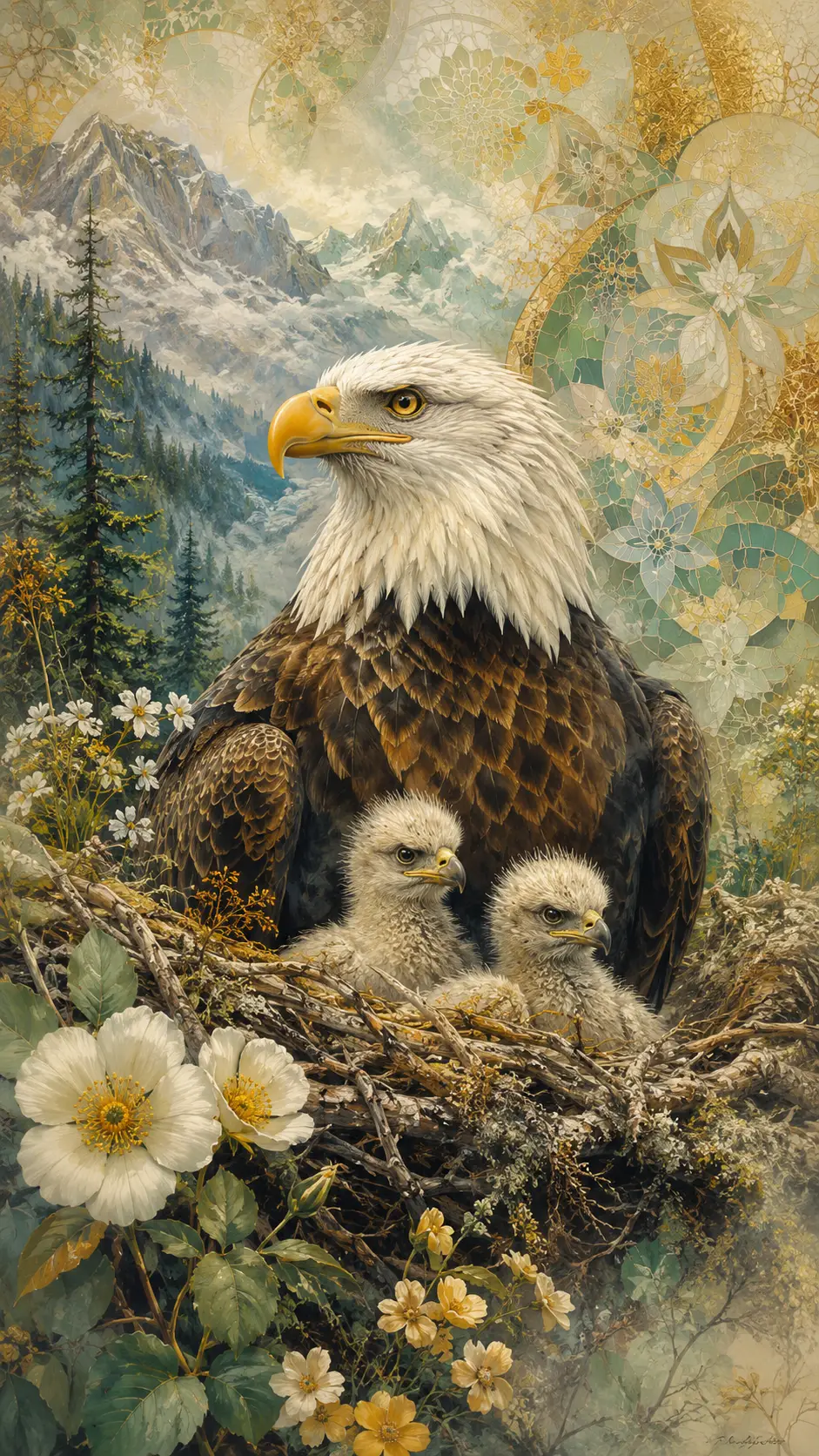 Bald eagle with chicks in a colorful mountain forest nest