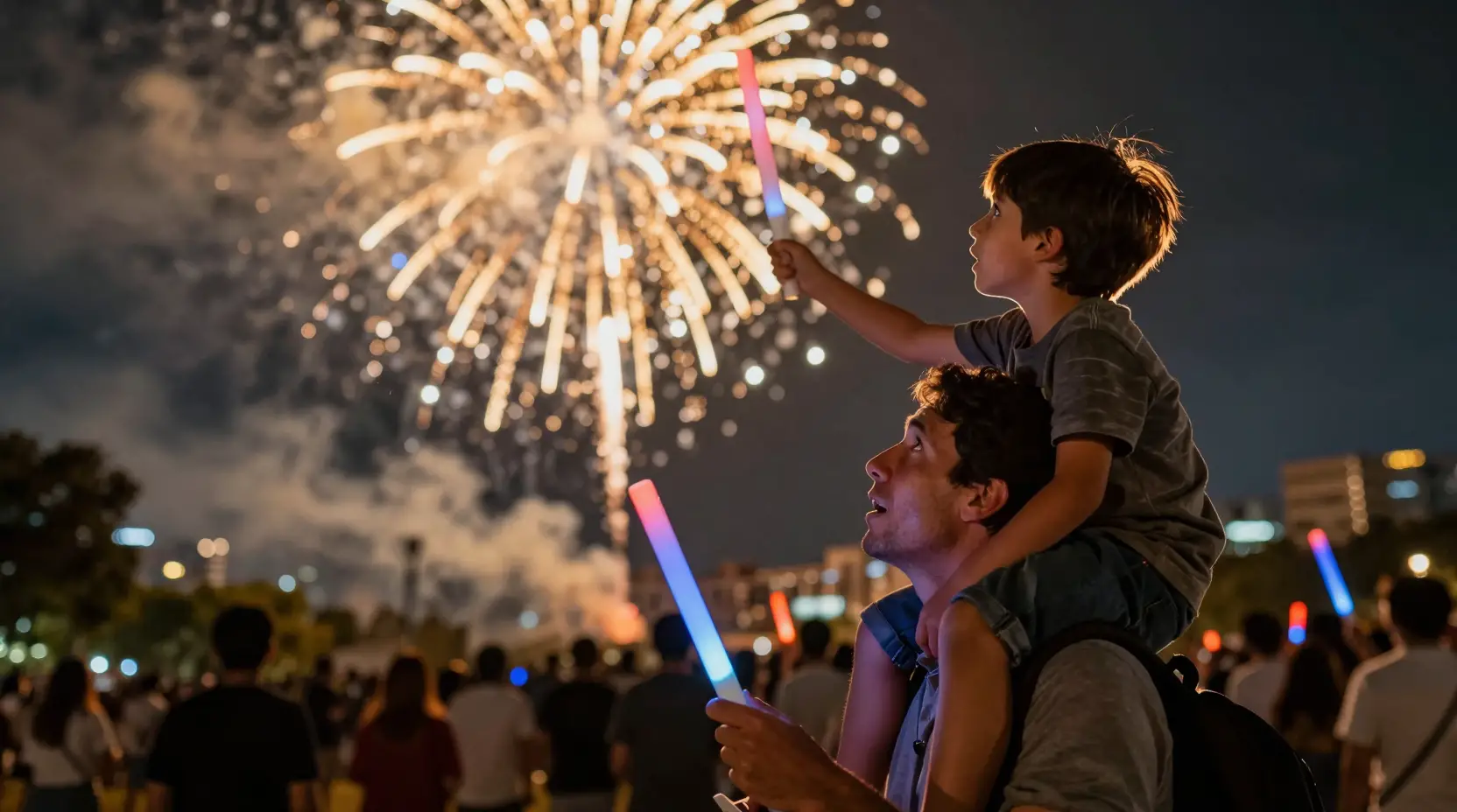 Vater und Sohn sehen sich Feuerwerk in einem überfüllten Stadtpark an
