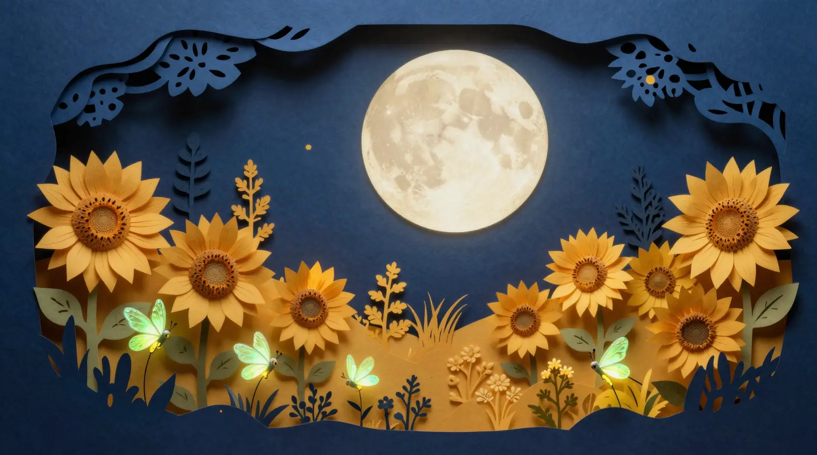 Giardino di carta magico con girasoli al chiaro di luna e lucciole
