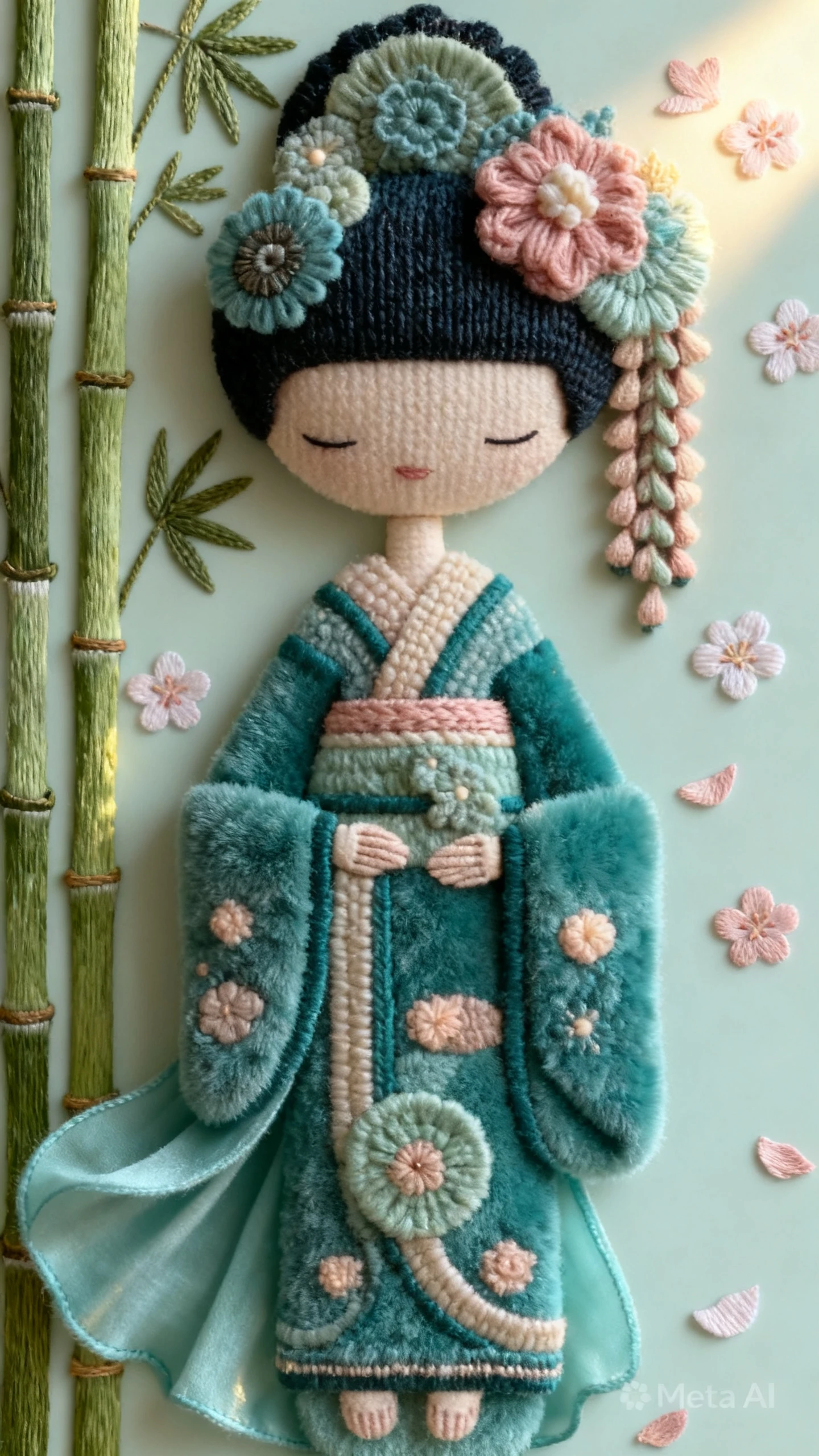 Figura de gueixa em tons pastéis sobre fundo abstrato zen suave