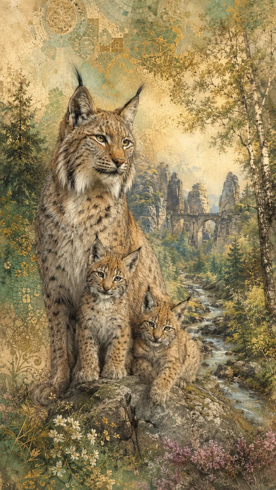 Eurasischer Luchs mit zwei Jungen auf Felsen in Waldlandschaft