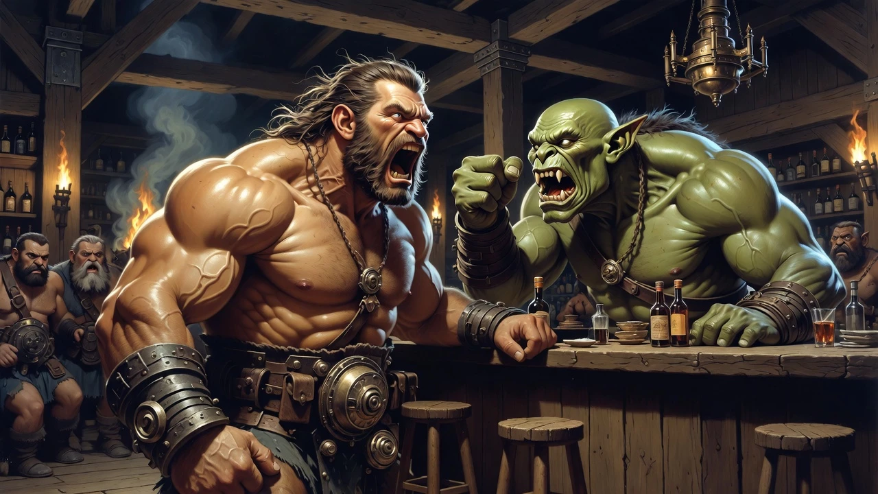 Guerreiro bárbaro gritando com orc em taverna rústica