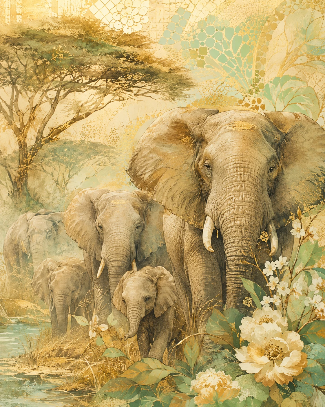 Manada de elefantes na savana africana com mosaicos artísticos
