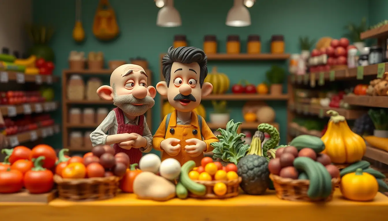 Knetfiguren-Gemüse- und Obstverkäufer in einem kleinen Laden