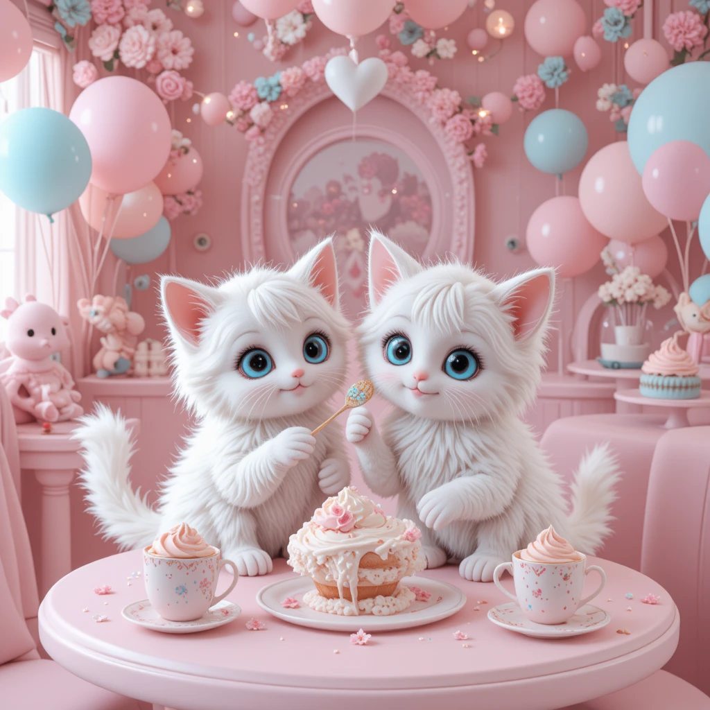 Dois gatinhos brancos fofos em um café kawaii em tons pastéis