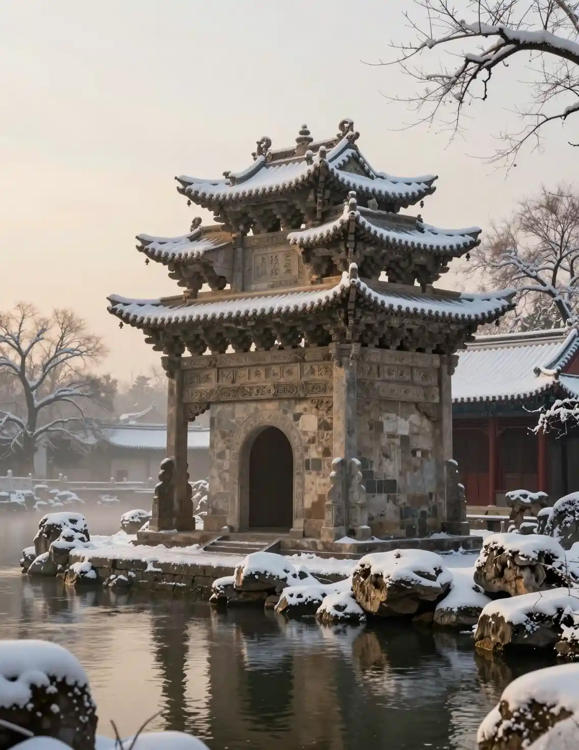 Ancient Chinese riverside pavilion in winter sunlight