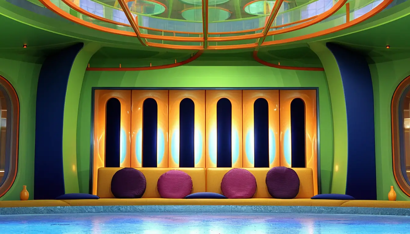 Salle de contrôle futuriste vert citron avec canapé modulable bleu