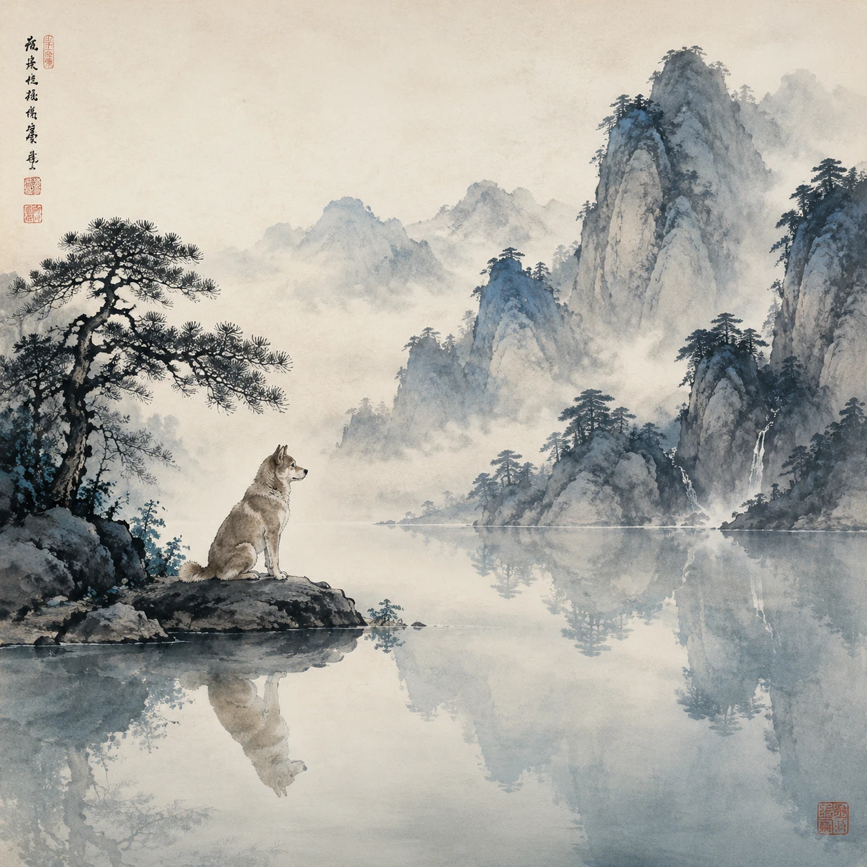 Cão contemplativo à beira de lago de montanha calmo em pintura a tinta