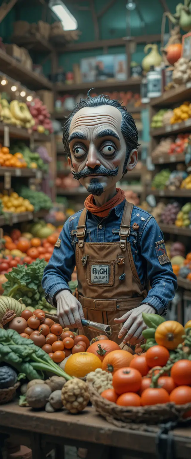 Knetfiguren-Obst- und Gemüsehändler im Lebensmittelgeschäft
