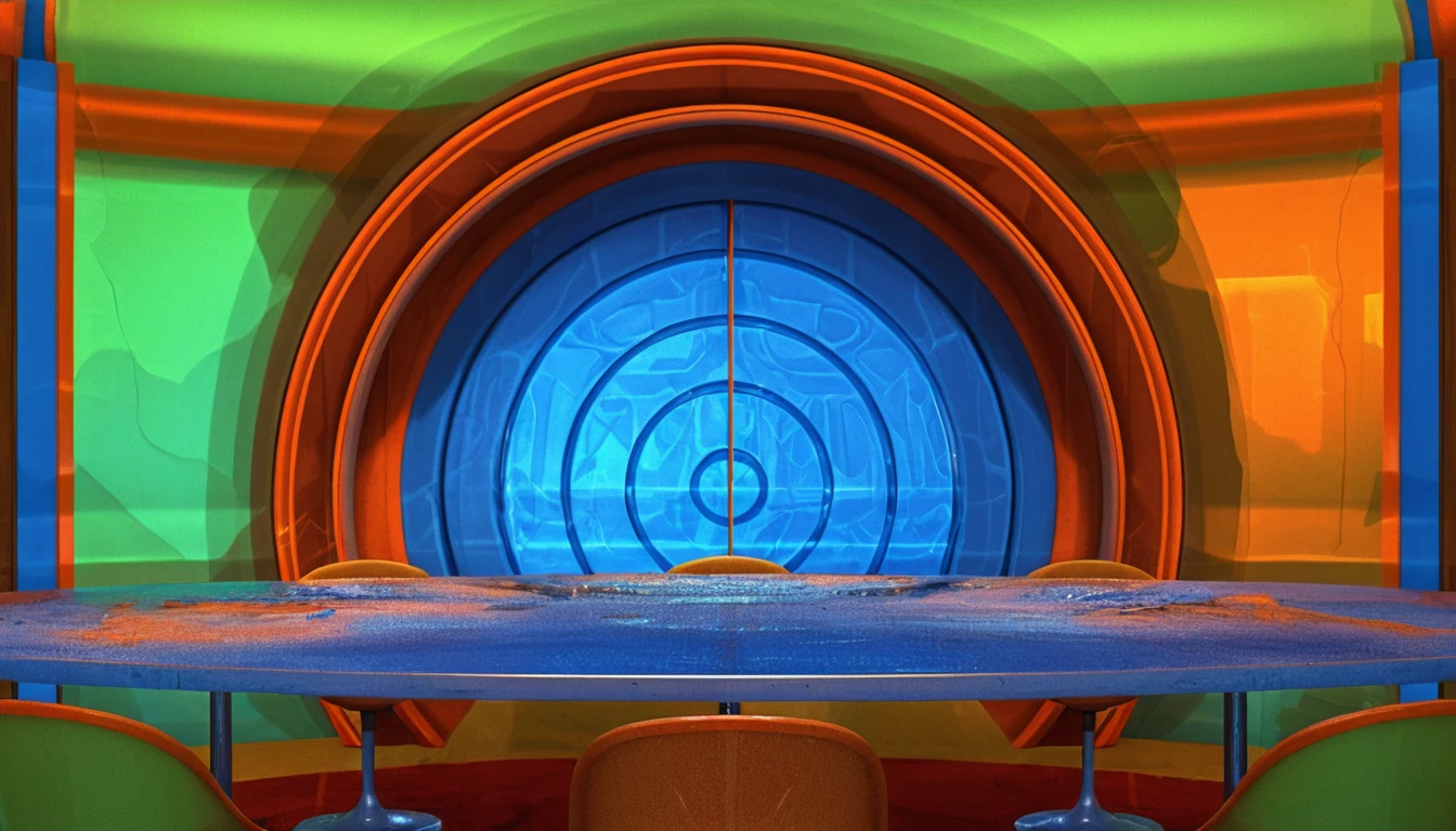 Studio TV retro-futuristico con tavolo blu e sedie arancioni
