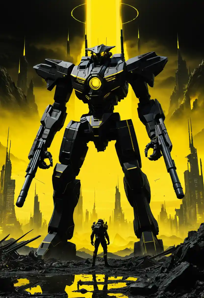 Imenso mecha negro disparando energia amarela no vazio cósmico