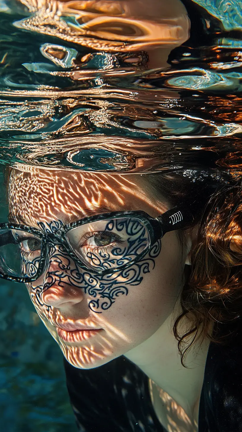 Tätowierte Frau schwimmt durch schimmerndes Unterwasser-Sonnenlicht