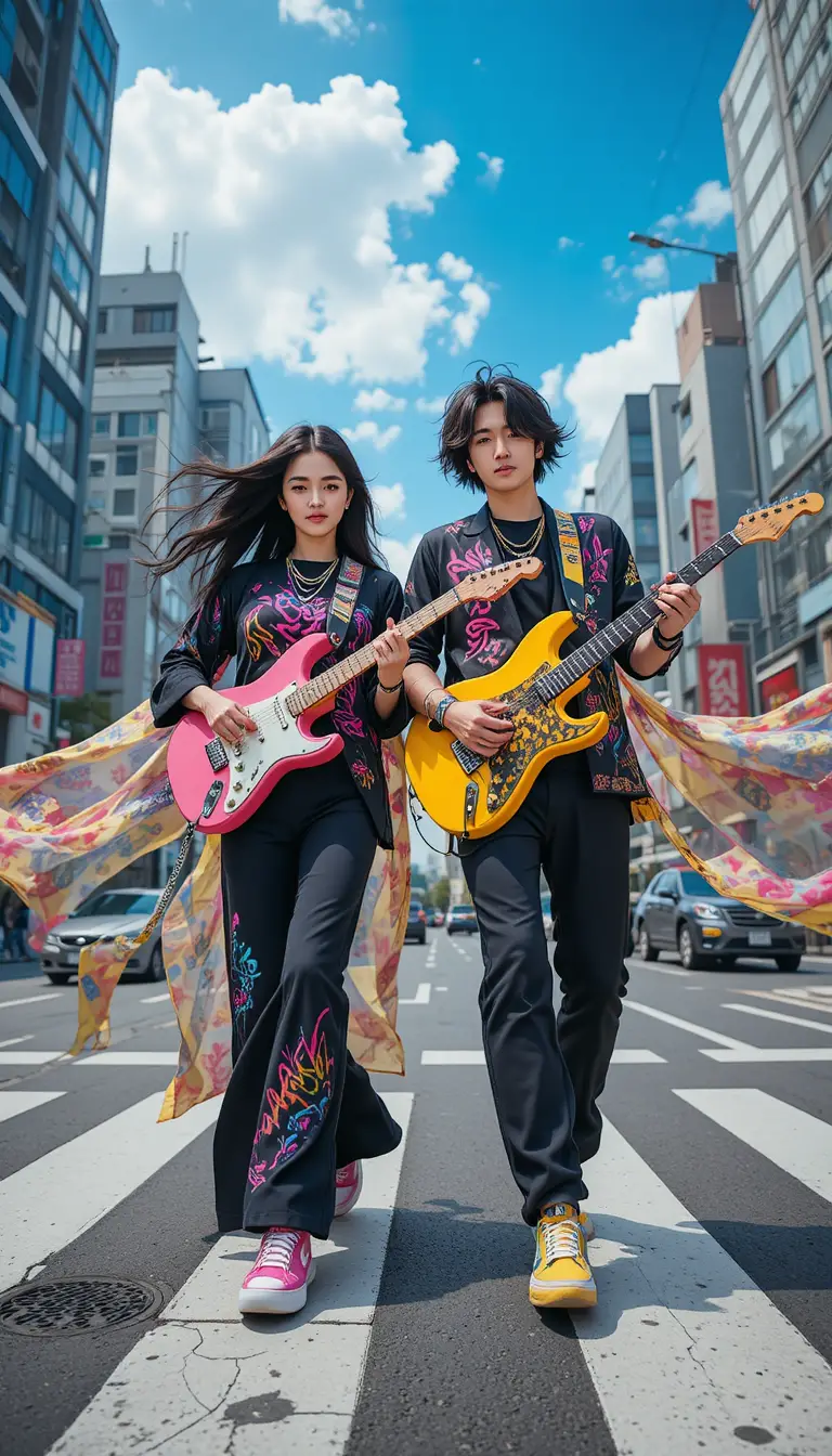 Coppia rock alla moda che attraversa una trafficata strada di una città giapponese