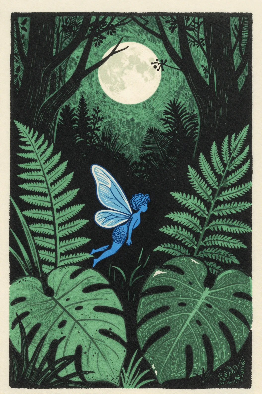 Fada azul em floresta ao luar em ilustração de linogravura