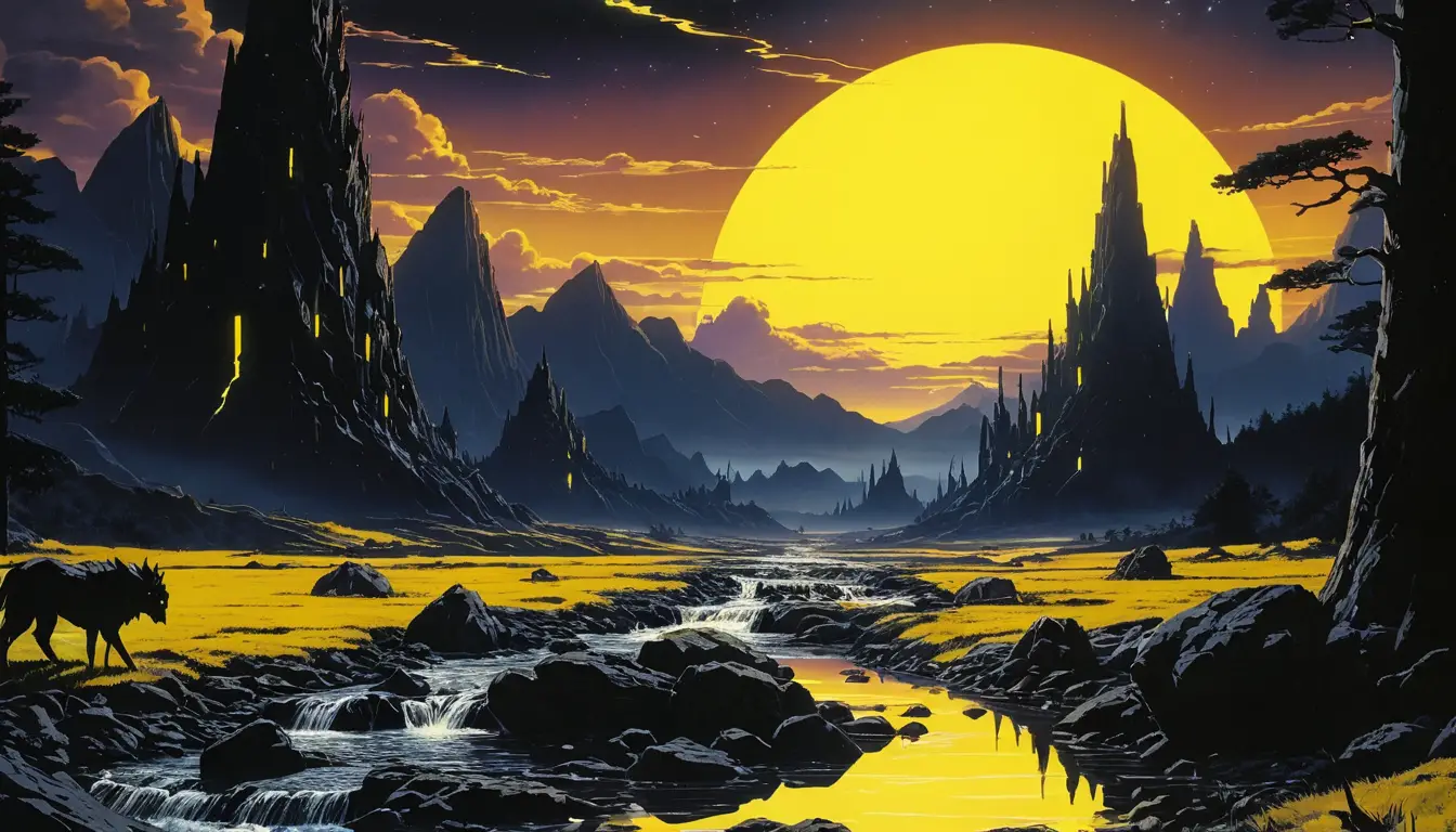 未來感科幻景觀：夕陽下的岩石森林群山