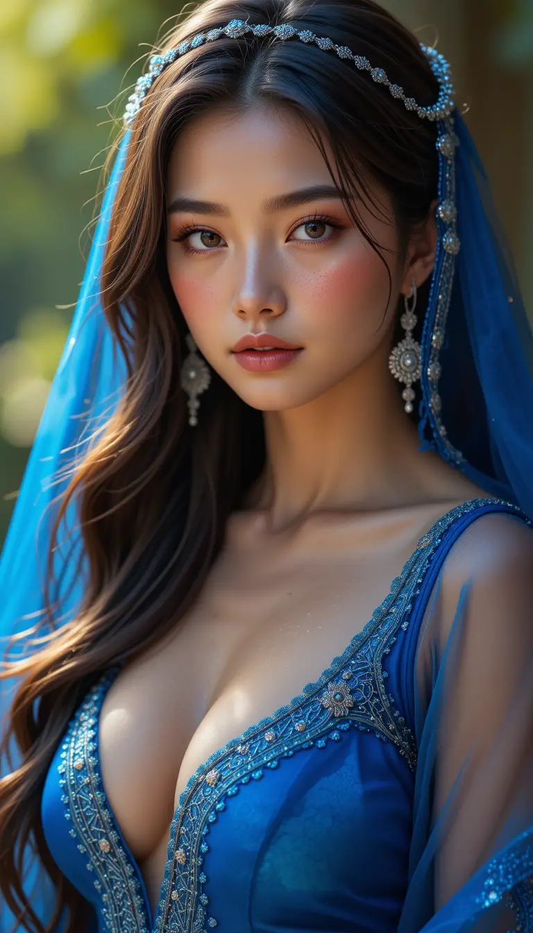 Elegant young woman in blue persian gown outdoors