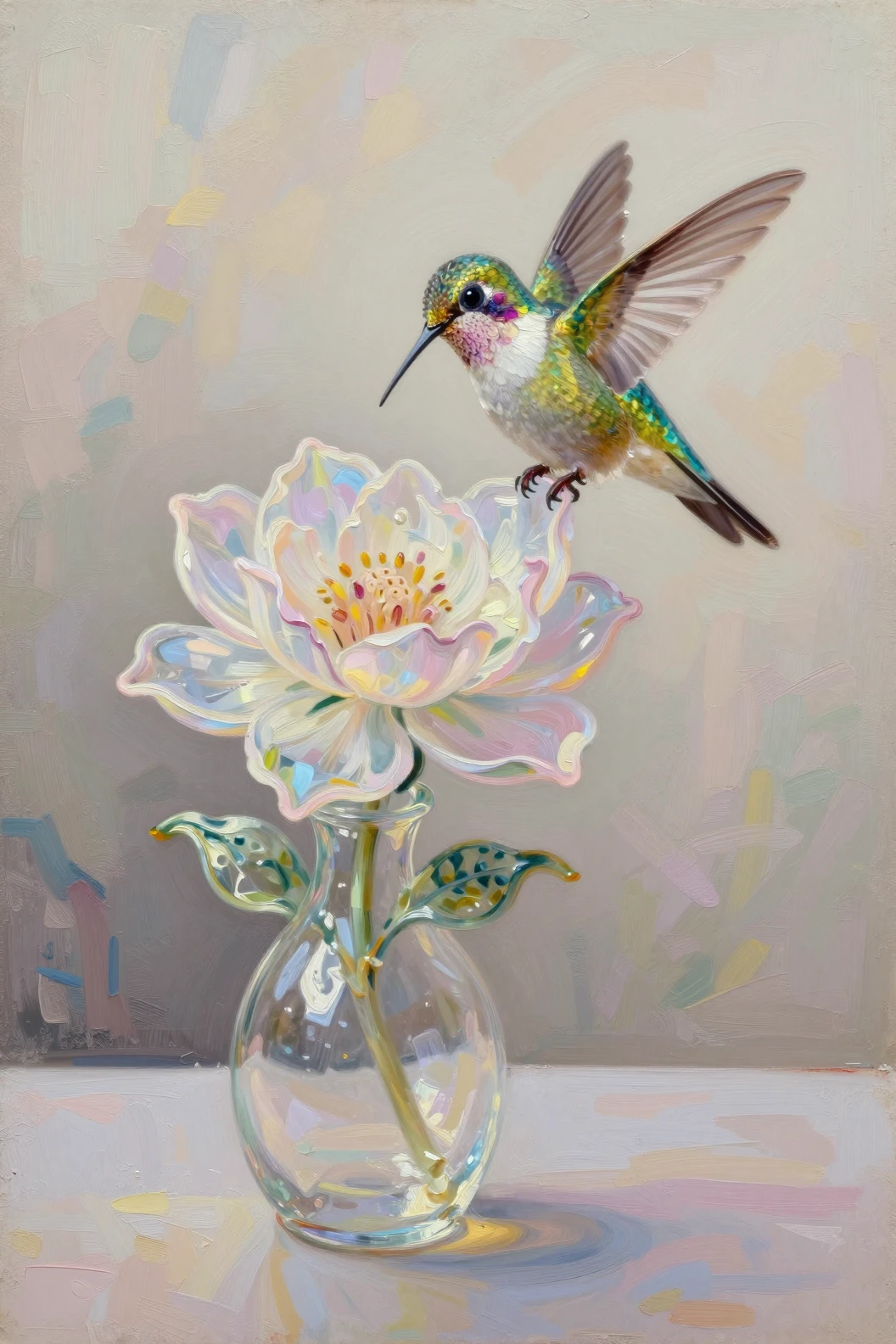Delicada flor de vidrio con pequeño colibrí sobre el escritorio
